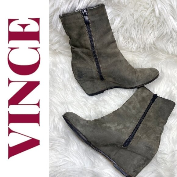 VINCE Michela Moss Green Suede Leather Covered Wedge Bootie, 7M/37.5 - Picture 4 of 16